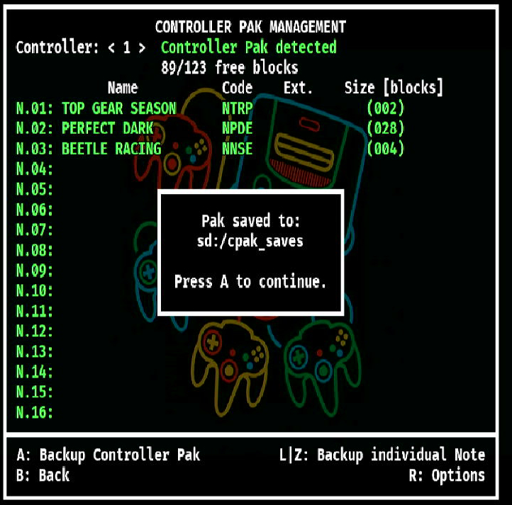 Backup Controller Pak confirmation Backup Controller Pak