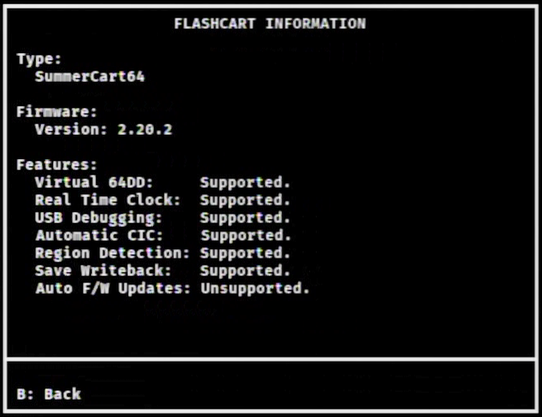 Screenshot of the Flashcart information screen Screenshot of the Flashcart information screen